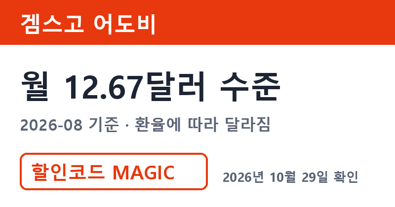 겜스고 어도비 월 12.67달러 수준 어도비1년 비교 할인코드 MAGIC